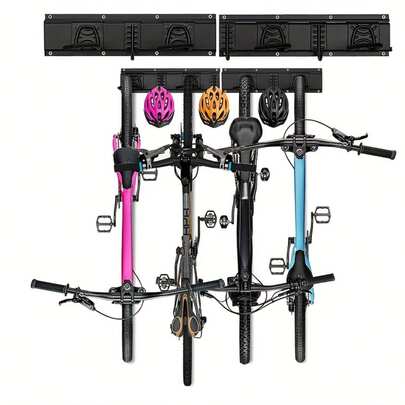 [Durable] Heavy-duty Wall-mounted Bicycle Rack - Can Safely Store 4 Bicycles, Black Metal Garage Manager with Multiple Hooks, Perfect for Road and Mountain Biking