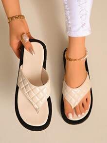 Girl's Thick Sole Flip Flops, Flat Thong Sandals For Summer, Beach Wear - Beige - View 3