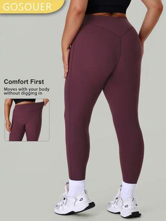 GOSOUER Plusstorlek damleggings med hög midja och inbyggt elastiskt band, djupt V-hals, rumplyftande, löpning och yoga, sportleggings