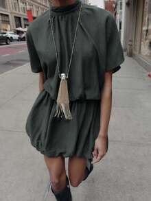 Spring/Summer Fashion Women Casual Pleated Layered High Neck Short Sleeve Lantern Mini Dress - Dark Grey - View 4