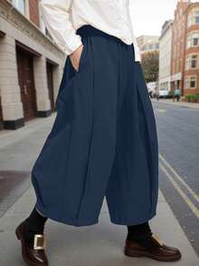 Quần dài cỡ lớn mùa thu/đông, kiểu dáng suông, màu trơn, thoải mái, ống rộng, có túi, thích hợp cho các bữa tiệc hóa trang và mặc hàng ngày. - Màu xanh hải quân - Xem 3