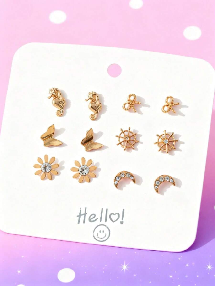 6件套时尚女童耳环，款式包括心形、圆形、月亮、蝴蝶、三角形、海马图案 - 彩色 - 查看 1