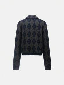 DEEKA 秋冬新款女装时尚休闲菱格纹飞行员夹克针织短外套 - 灰藍 - 查看 2