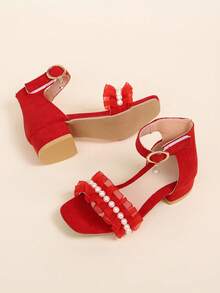 A Pair Of The Latest Summer Children's Faux Pearl Ruffled Hook And Loop High-Heeled Sandals - Red Design, Fashionable, Casual And Comfortable. It's An Excellent Choice For Shopping In The Mall, Summer Vacation, Daily Outings And Park Walks, And Can Be Easily Matched With All Kinds Of Children's Clothing. - Red - View 6
