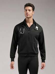 cimmuovere 男士长袖开襟多口袋翻领手术服 护士服 工作服 牙医保健 宠物医院 实验室工作服