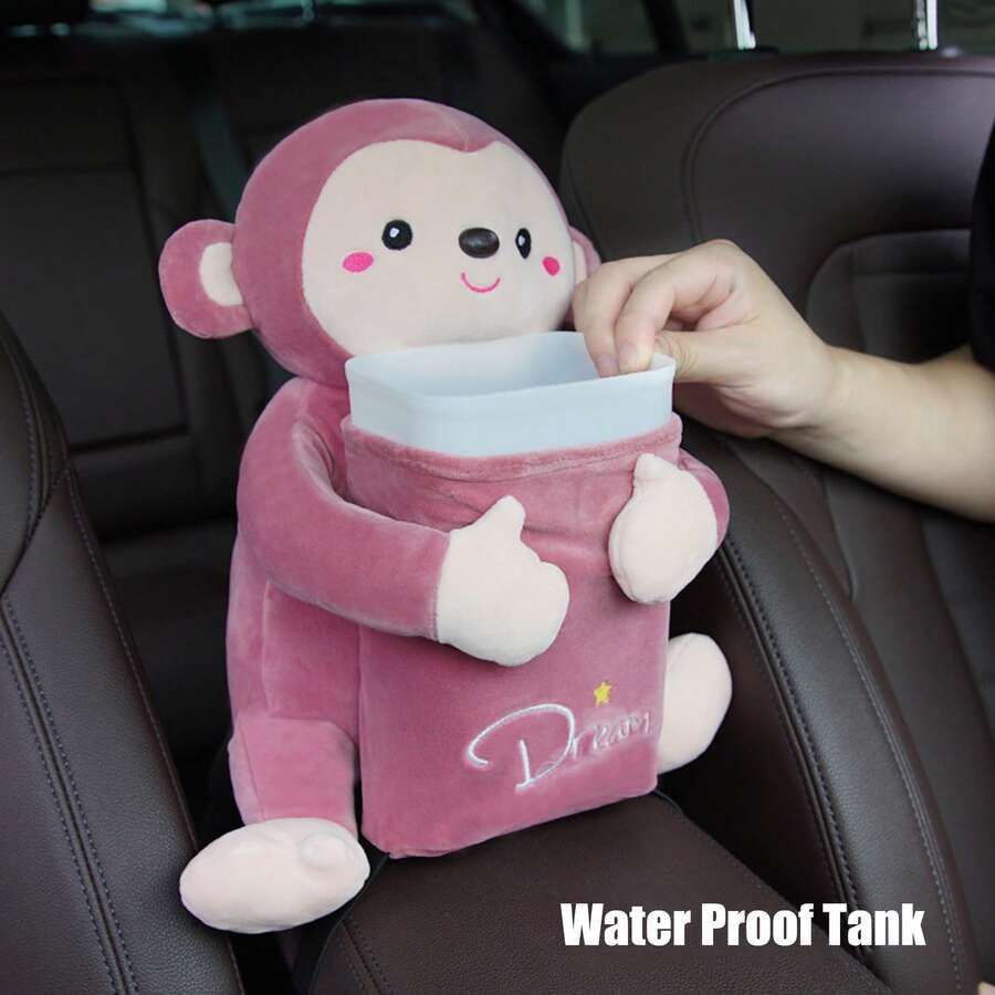 Large Capacity Tissue Box With Dark Pink Plush Monkey Design: Waterproof Organizer For Car And Bathroom, Ideal For Stylish Decoration. - 彩色 - 查看 1