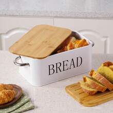 Large Metal Bread Bin With Bamboo Lid Kitchen Loaf Bread Storage Box Food Container - White - View 4