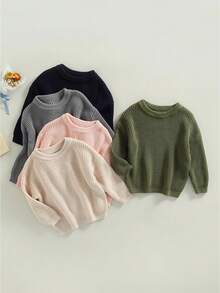 Suéteres de cuello redondo para bebés pequeños, jerseys de punto sueltos de color sólido de manga larga - Gris - Ver 1