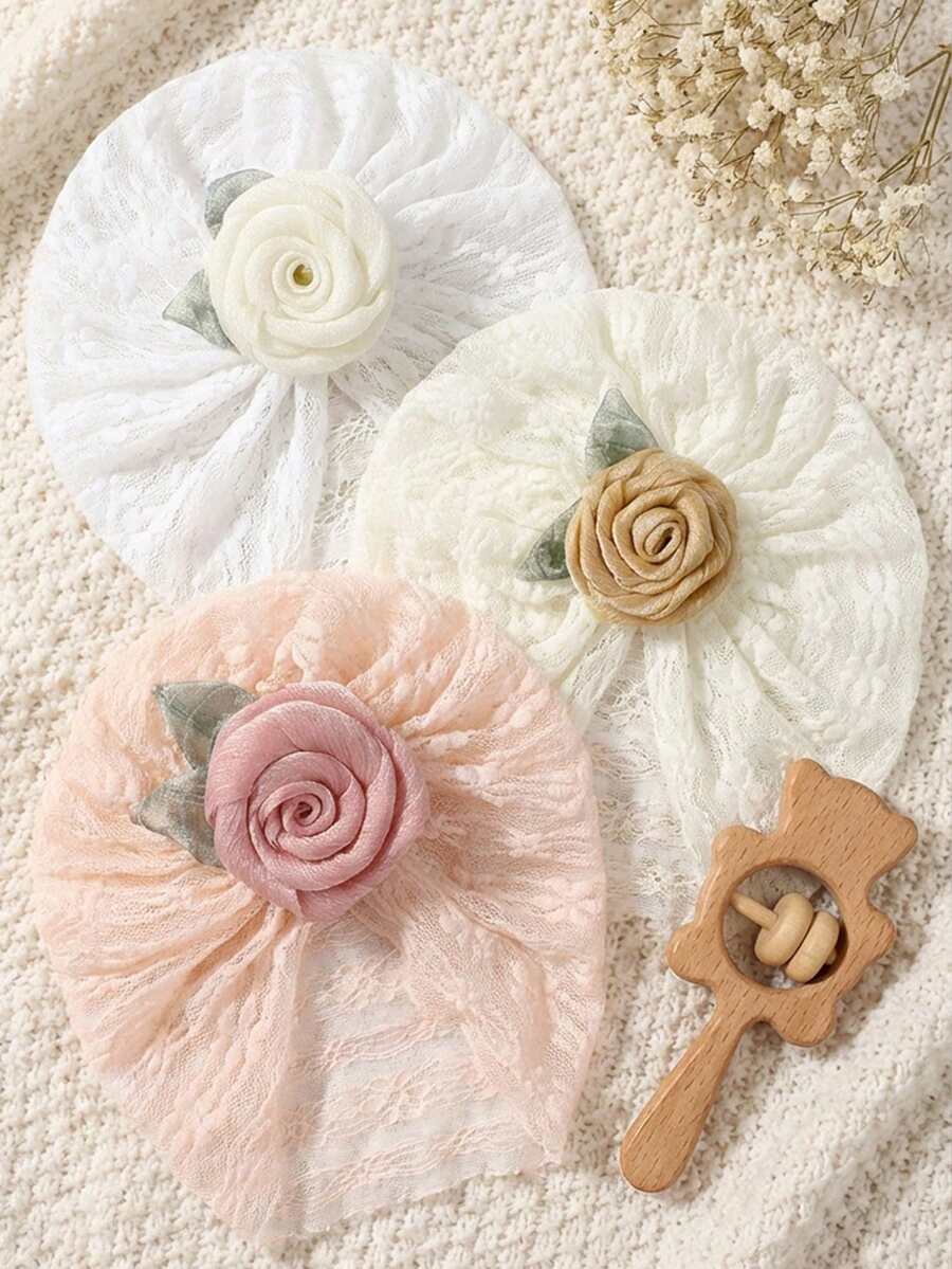 3pcs Rose Lace Hats, Suitable For Daily Use, Fits 0-2 Years Old - Multicolor - View 1