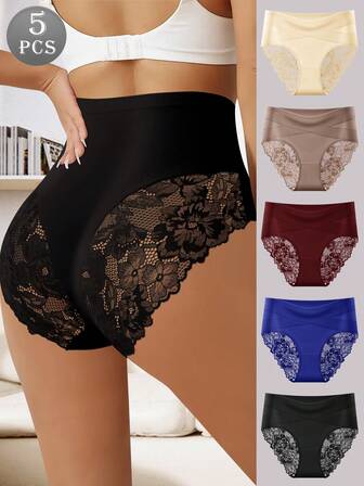 5pcs Women's High Waist Lace Trim Briefs, Tummy Control & Butt Lifting, Comfortable & Breathable Fabric