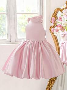 Sleeveless Halter Backless Bow Satin Puffy Elegant Birthday Party Princess Dress For Girls, Suitable For Important Occasions, Festivals, Runway, Does Not Include Headband - Dusty Pink - View 6