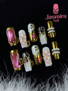 10片纯手工假指甲套装，Y2K法式美甲方形按压式指甲，金色指甲，白色搭配黑色指甲胶，粉色猫眼设计，手工粉色珍珠纹理雕刻设计，3D性感线条，可爱美甲贴纸，适合新年、情人节等节日，短款3.0按压式指甲，是女性和女孩居家、派对、生日礼物、圣诞节和其他节日的理想之选。DIY美甲用品，可重复使用。