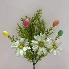 Rama de hojas de ciprés de pino artificial, huevos de Pascua coloridos, tallos florales de manzanilla de plástico, hermosa decoración artesanal - Verde - Ver 2