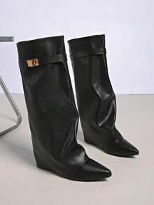 Wedge Pointed Toe Ruched Shark Boots With Buckle Strap, Fashionable & Elegant, Solid Color Faux Leather Lock & Key Mid-Calf Boots For Party, Holiday, Office, All Seasons - Black - View 5