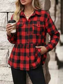女士经典格纹翻领纽扣荷叶边衬衫，秋季圣诞节日常穿着修身显瘦优雅上衣 - 紅色 - 查看 4