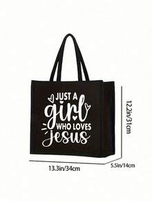 一套轻便手提包和化妆包，女士大容量亚麻托特包 - 简约“Just A Girl Who Loves Jesus”英文字母、心形和十字架图案，基督教主题大容量购物袋，创新设计，宽敞便携休闲手提包 - 彩色 - 查看 10