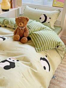 Bộ chăn ga gối 4 món (1 vỏ chăn + 1 ga trải giường + 2 vỏ gối), dùng cho gia đình/ký túc xá, họa tiết gấu trúc xanh và sọc, thiết kế hai mặt, phiên bản AB, vải mềm mịn, ấm áp, chống phai màu, kháng khuẩn. - Yêu bạn gấu - Xem 8