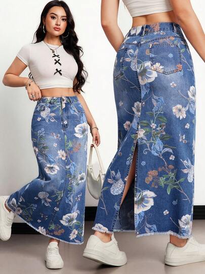 Mobula Sound 休闲优雅印花牛仔开衩直筒舒适半身裙，适合春夏、休闲、度假、日常、约会、旅行、机场等多种场合。