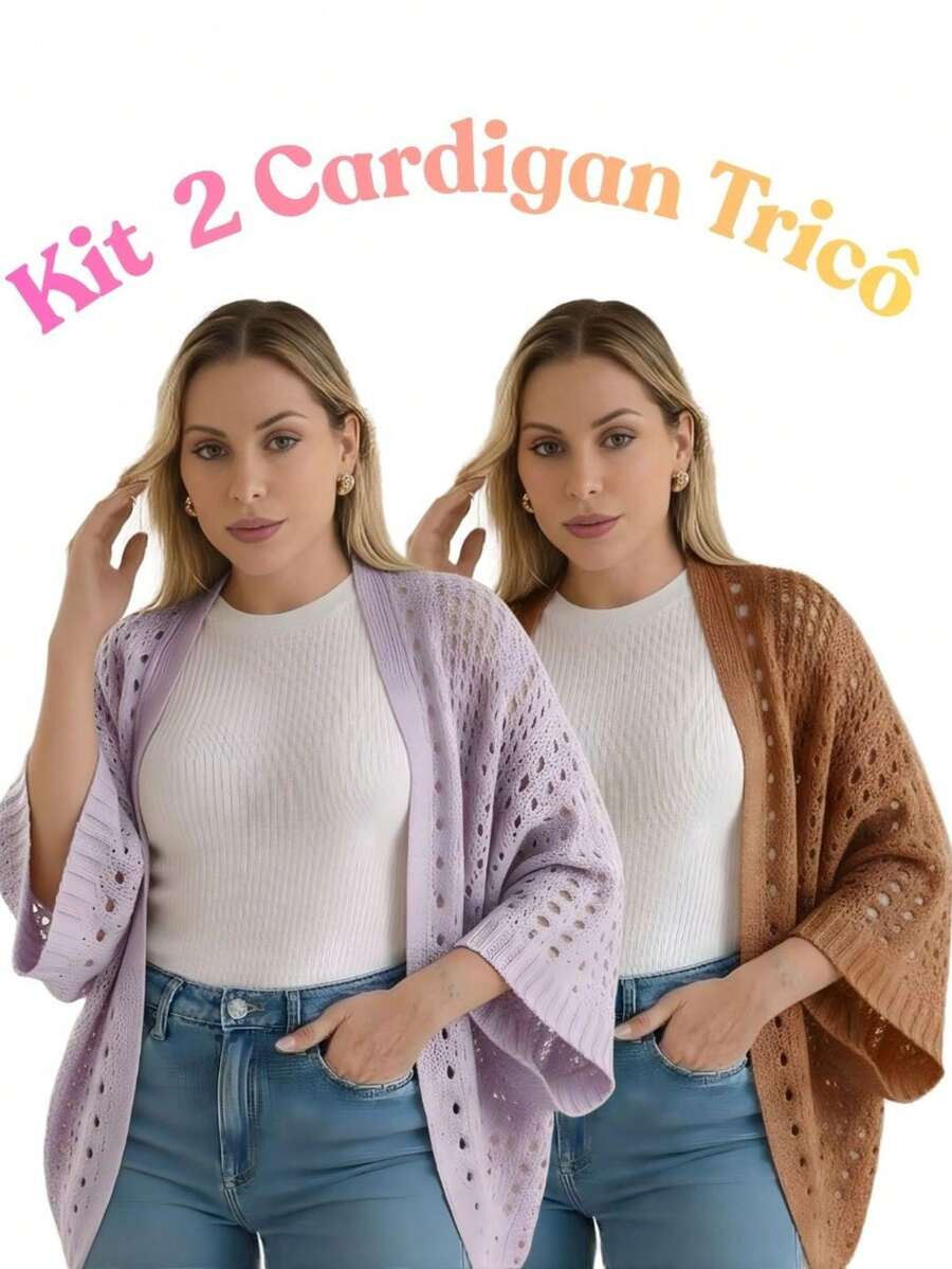 Set Of 2 Women's Cardigan Blouses, Knitted Cape, Openwork Knit, Autumn - 淡紫色/銅色 - 查看 1
