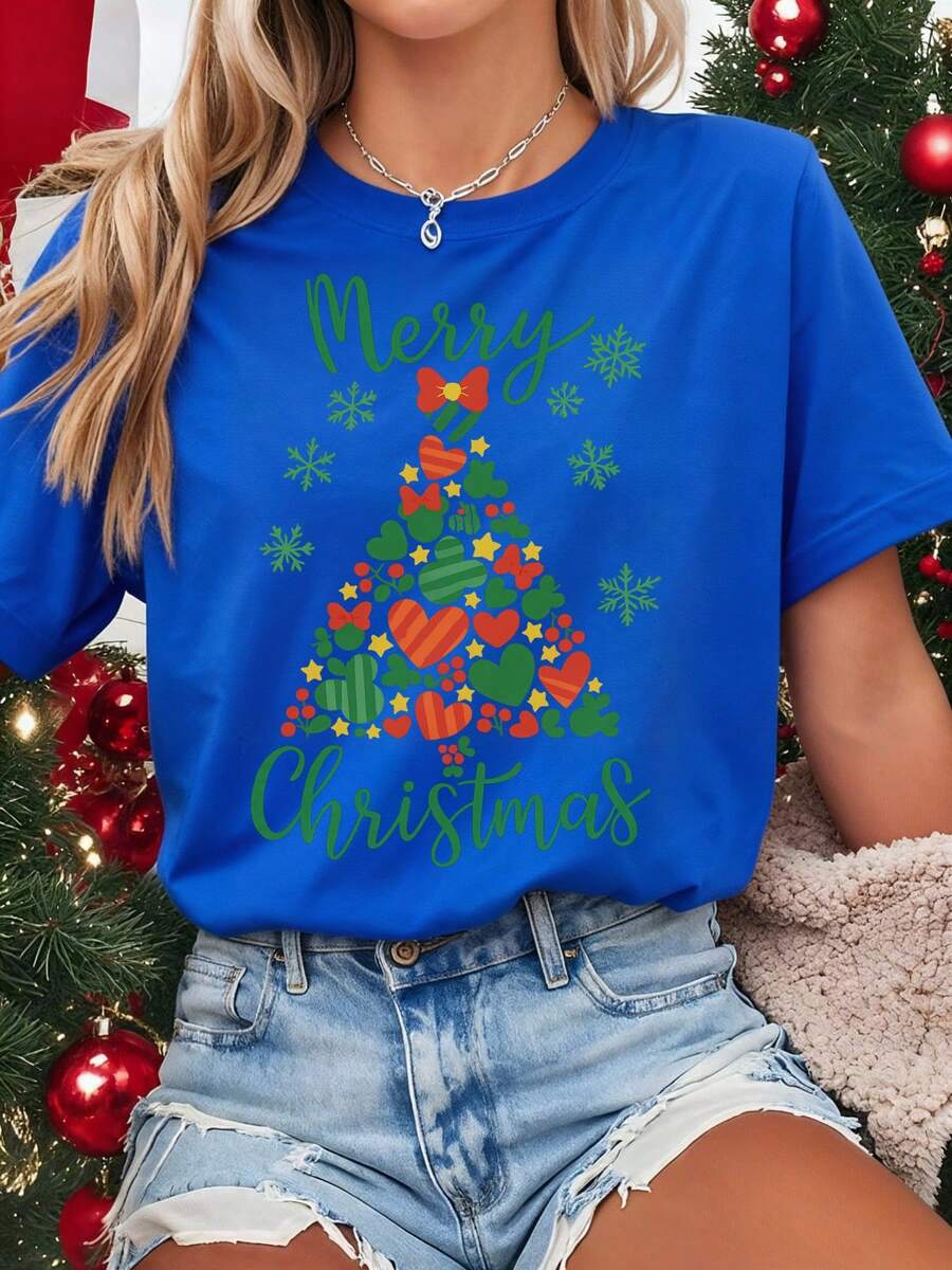 camisetas estampadas mujer, playeras navideñas para mujer, camiseta de vacaciones, linda camiseta de árbol de Navidad, camiseta de Navidad para mujer, regalo de Navidad para esposa, con diseño de árbol de Navidad decorado con moños, estrellas, corazones y copos de nieve, playeras graciosas, blusas para mujerEs un gran regalo para la familia, los amigos, los novios y las novias - azul real - Ver 1