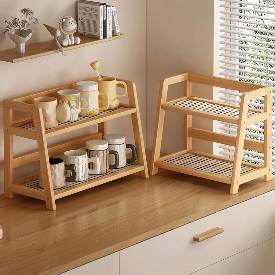 2-Tier Wooden Shelving Unit - Modern Vintage Cream Color, Trapezoidal Storage Rack For Dorms, Bedrooms, Offices, And Kitchens, Ideal For Coffee Mugs And More. - Apricot - View 1