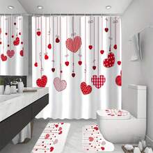 Valentine's Day Heart Shower Curtain Set, Includes 1/4 Pieces, Cartoon Pattern, Bathroom Curtains, Lightweight, Woven Polyester, Waterproof, Comes With Anti-Slip Bath Mat, Toilet Seat Cover And U-Shaped Mat, Includes 12 Hooks