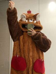 Damen süßer Bär Bademantel - Cartoon niedlicher Waschbär Flanell Bademantel - Nachtwäsche, nicht dehnbarer Stoff, maschinenwaschbar - Gemütlicher Winter Bademantel - Zuhause (Erwachsene) Cartoon Plüsch warmer Kapuzen Bademantel