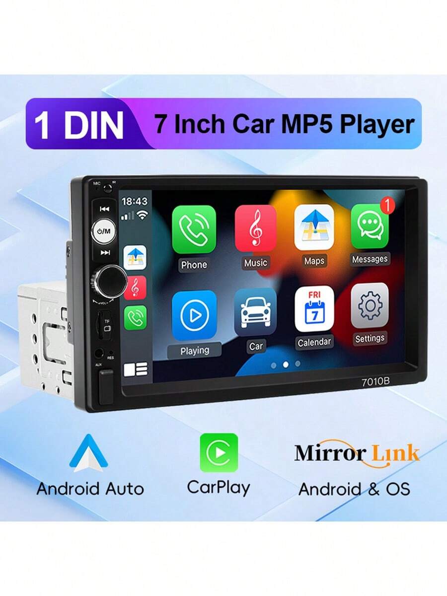 1Din Car Radio Carplay Andriod Auto Stereo Multimedia 7" Universal MP5 Player Mirrorlink FM USB BT TF Card AUX Input - 7011-d - View 1