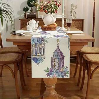 1 Piece Of Ramadan Themed Table Runner, Digital Printed Tablecloth With Hand-Painted Crescent Moon, Colorful Stars, And Lantern Design, Adorned With Floral Embellishments. Durable Polyester Rectangular Tablecloth Suitable For Kitchen, Dining, Party, And Home Decor, Rural Festival Decoration. Available In Various Sizes, It Is An Ideal Choice As A Gift.