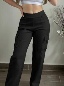 Plus Size Women Solid Color Casual Pocket Cargo Pants Black Spring - Black - View 6