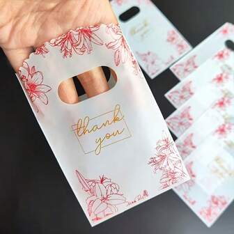 50/100个装，优雅感谢礼品袋，深红色花卉图案，印有“谢谢”字样，适用于珠宝、派对礼物、婚礼等场合 - 耐用包装袋，婚礼宾客礼品袋，精致封口设计