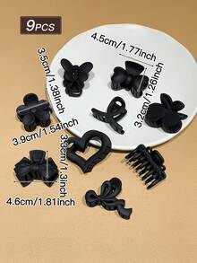 9件套黑色哑光发爪，百搭发饰，小巧发夹，简约风格，适合度假、海滩、日常休闲佩戴，四季皆宜，发饰套装，发饰，女士配饰，返校季发饰，蝴蝶结发夹，时尚发爪夹 - 黑色 - 查看 4