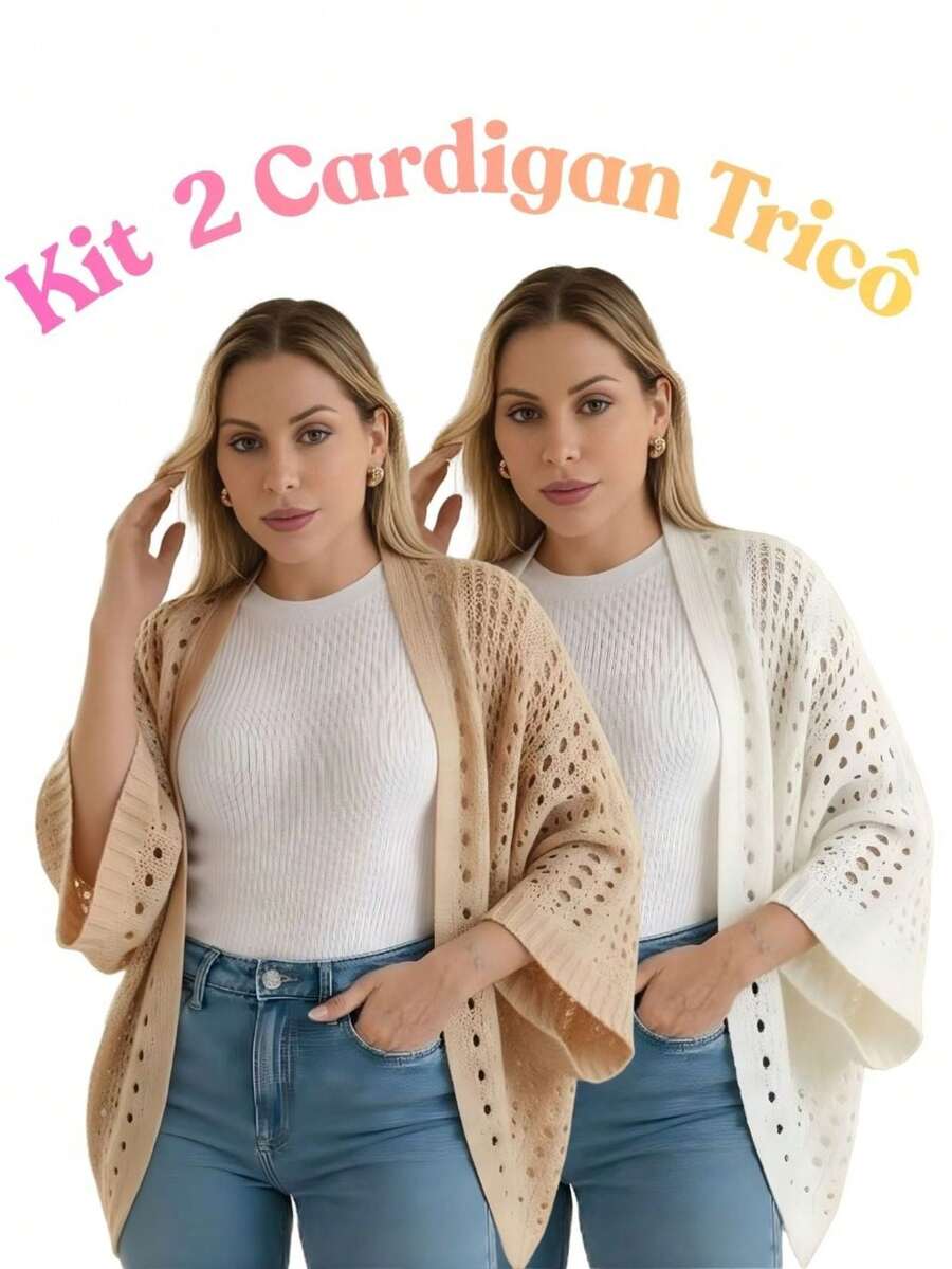 Set Of 2 Women's Cardigan Blouses, Knitted Cape, Openwork Knit, Autumn - 米色/白色 - 查看 1