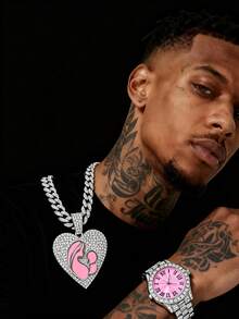 European And American Hip-Hop Style Jewelry Set For Men, Including Pink Sexy Tongue Lips Pendant, Butterfly Pendant, Heart Wing Pendant Paired With Pink Watch, Ideal Gift For Festivals And Parties - Pink - View 18