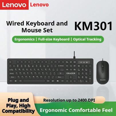  Lenovo KM301 Wired Keyboard And Mouse Set, USB, Universal For Business And Office Laptops And Desktops