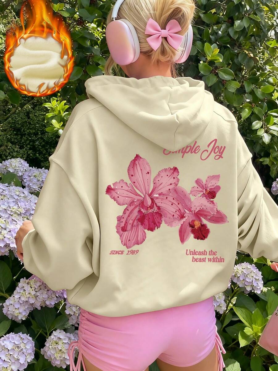 女士印花长袖抽绳连帽卫衣，带口袋，休闲宽松套头衫，时尚冬季服装，适合日常穿着 - 淺杏 - 查看 1