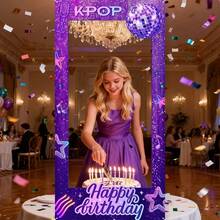 1pc Purple Disco Ball Photo Prop With Star, K-Pop & Microphone Patterns - Vibrant Party Decor For Birthday Parties, Theme Events & Photo Booths - Durable Polyester Material