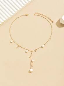 1pc Fashionable Minimalist Cultured Pearl Y-Necklace, Suitable For Formal Events And Everyday Wear - Gold - View 3