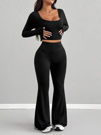 AiTyi Women's 2 Pieces Set, Well Fit Casual Chic Sexy U-Neck Comfortable Stretchy Fitted Slim Outdoor Sports Versatile Y2K Graduation Back To School Christmas New Year Autumn/Winter Knit Long Sleeve Top And Flare Pants