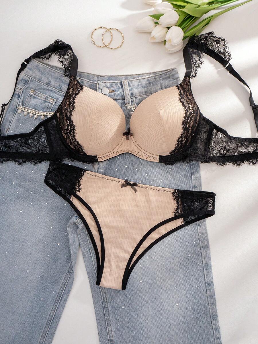 1 Set Women Plus Size Solid Color Lace Strap Bow Decor Underwire Bra & Panty Set - Camel - View 1