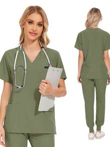 Conjunto de Uniforme de Trabalho Feminino - Top com Decote em V e Calça Esportiva com Bolsos Laterais com Zíper, Antibolinhas e Respirável, Conjunto de Trabalho Primavera - Verde Oliva - Visão 7