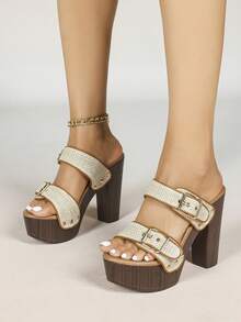 Women Fashion Chunky Platform Block High Heel Summer Sandal With Ankle Strap And Stud Peep Toe Mule Sandals Heel Shoes - Apricot - View 3