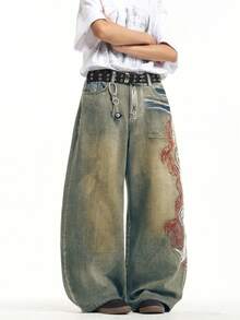 1pc Hong Kong Style High Street 3D Embroidered Floral Fashion Versatile Men's Washed Loose Wide Leg Jeans (Product Does Not Include Belt And Accessories) - Blue - View 5