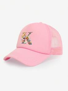 1pc Girls' Colorful Floral & Letter Decor Breathable Mesh Baseball Cap, 26 Letters Customizable, Sweet & Fresh , Lightweight Perforated Design, Suitable For Spring/Summer, Casual, School, Birthday, Holiday Gift - Pink - View 7