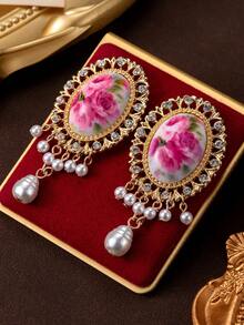1 Pair Retro Luxury Faux Pearl & Floral Print Diamante Ellipse Dangle Earrings, Exaggerated Tassel Statement Earrings - Yellow Gold - View 5