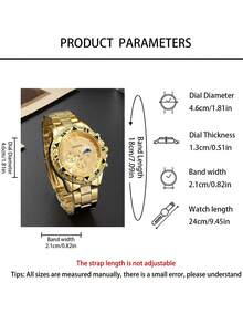 四件套奢华男士腕表套装，搭配纹理手链、镌刻戒指和十字架项链，打造一体式时尚造型。腕表表盘采用罗马数字时标，搭配纹理表壳和精钢表带，尽显奢华质感。 - 金色 - 查看 4