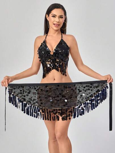 1pc Belly Dance Stage Performance Waist Accessory, Professional Waist Chain Hip Scarf With Sequins And Tassels, Suitable For Stage Performance