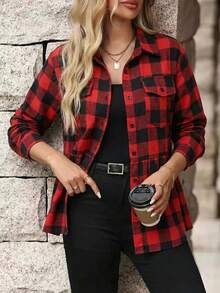 女士经典格纹翻领纽扣荷叶边衬衫，秋季圣诞节日常穿着修身显瘦优雅上衣 - 紅色 - 查看 7