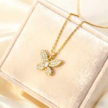 1 Bộ trang sức mặt dây chuyền hình bướm bằng thép không gỉ đính đá Cubic Zirconia và hoa tai dành cho nữ, thiết kế thời trang sang trọng, phụ kiện quà tặng - Con bướm vàng - Xem 4
