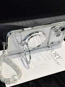 适用于苹果 17 Pro Max 手机壳的镶钻镜头膜，橙色苹果 16 Pro Max 化妆镜支架，15 斜挎肩带，14 全覆盖镜头，13 透明，12 手提包，手机壳配件，闪亮表面，贴合设计，时尚达人 - 銀色 - 查看 3